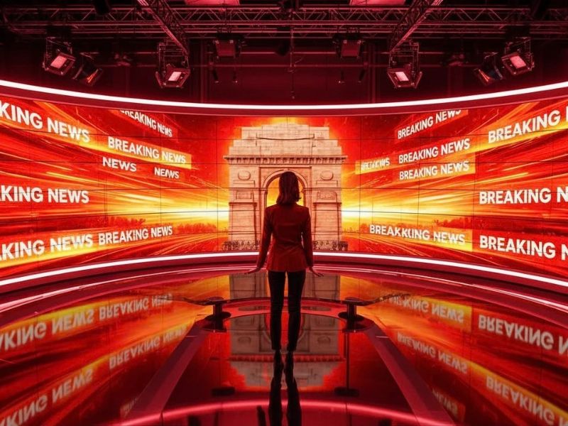 Broadcast news studio featuring a large curved LED video wall displaying dynamic news graphics and real-time visual content - ALEDA Broadcast news studio featuring a large curved LED video wall displaying dynamic news graphics and real-time visual content