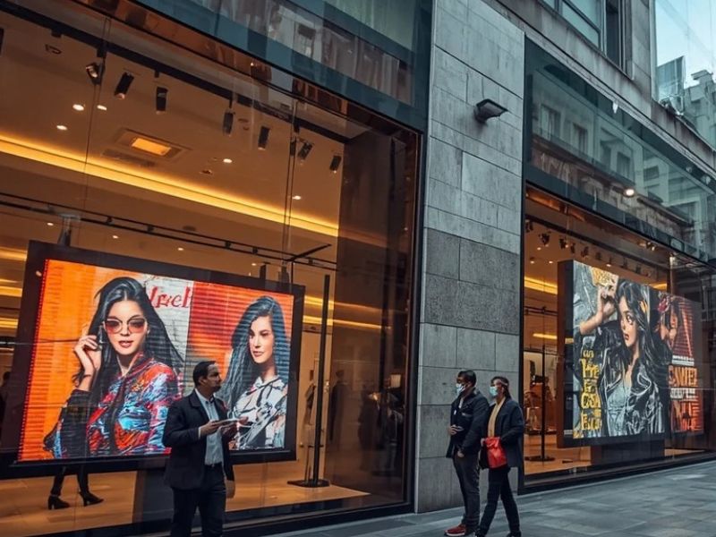 Modern commercial building with a large LED media façade displaying blue digital wave graphics across the exterior 1 - ALEDA Modern commercial building with a large LED media façade displaying blue digital wave graphics across the exterior 1