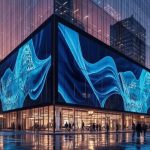 Modern commercial building with a large LED media façade displaying blue digital wave graphics across the exterior