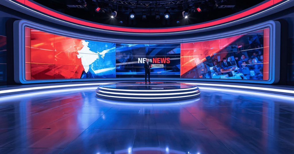 Modern virtual production studio with panoramic LED video walls