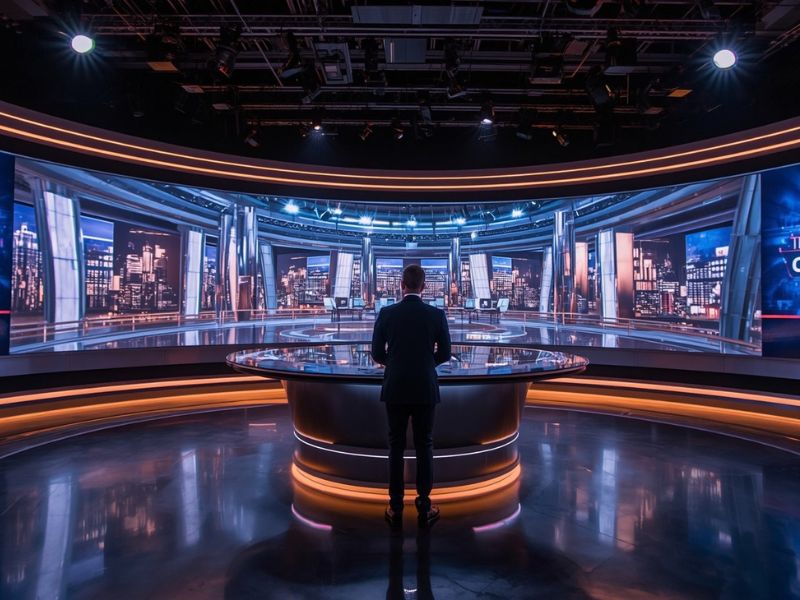 led-wall-virtual-production-studio - ALEDA Modern virtual production studio with panoramic LED video walls displaying a digital cityscape for broadcast and content creation.