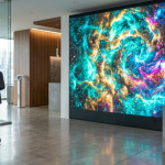 Corporate showroom featuring a seamless LED video wall with vibrant digital display and professionals discussing the installation