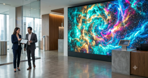 Corporate showroom featuring a seamless LED video wall with vibrant digital display and professionals discussing the installation